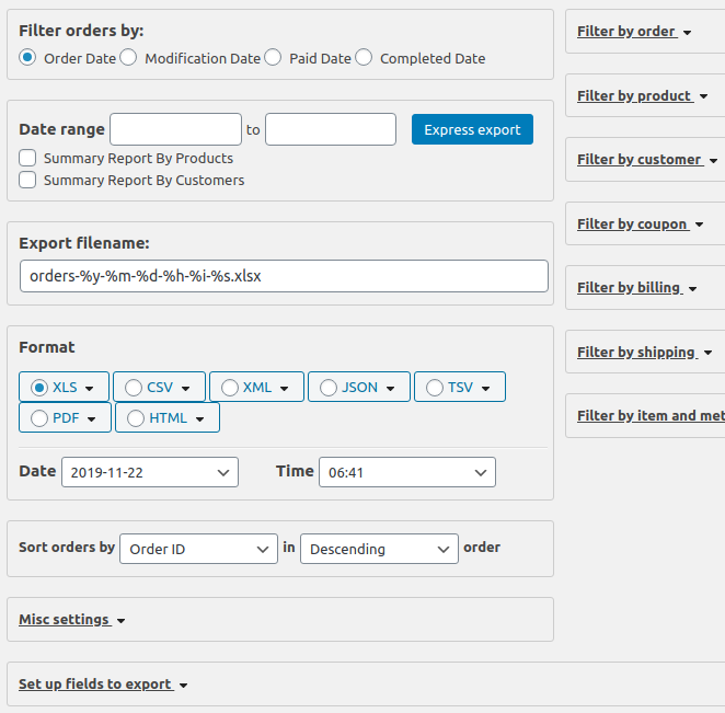 Pantalla de plugin para exportar pedidos en WooCommerce