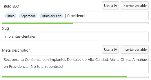 El plugin de Yoast te ayuda mediante graficas de color verde para que veas cuando la cantidad de palabras es la adecuada en la metadescripción.